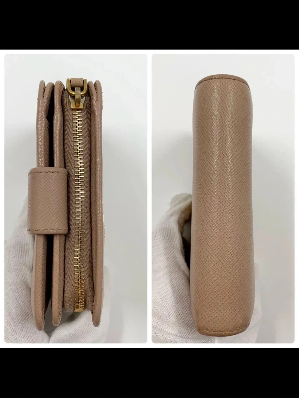PRADA Pink-Beige Saffiano Leather Zip Wallet with Gold Logo